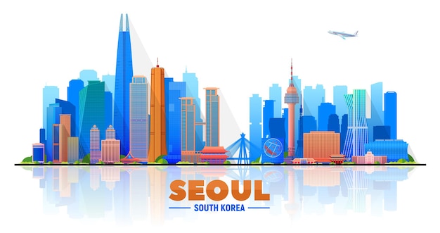 Seoul Korea city skyline on a white background Flat vector illustration Business travel and tourism concept with modern buildings Image for banner or website