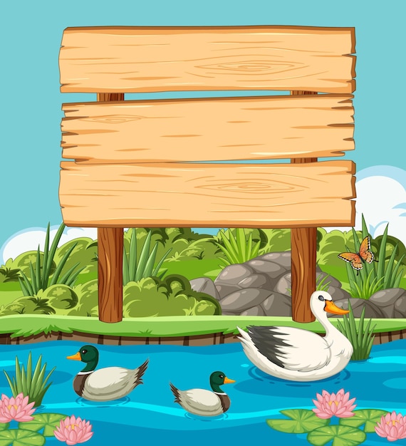 Serene Pond with Wooden Signboard