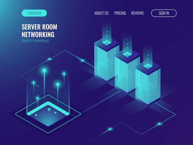 Free Vector server room banner, web hosting and processing of big data concept