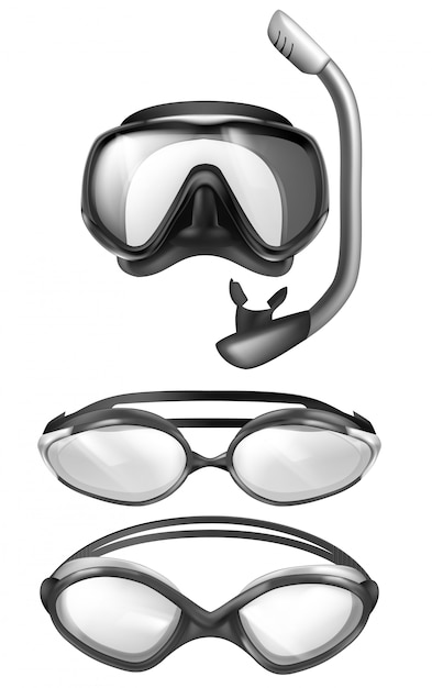 Free vector set of 3d realistic mask for scuba diving and goggles for pool swimming. snorkeling devices.
