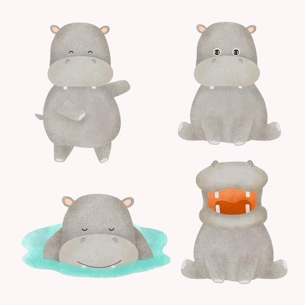 Free Vector set of adorable hippo in various gesture painting