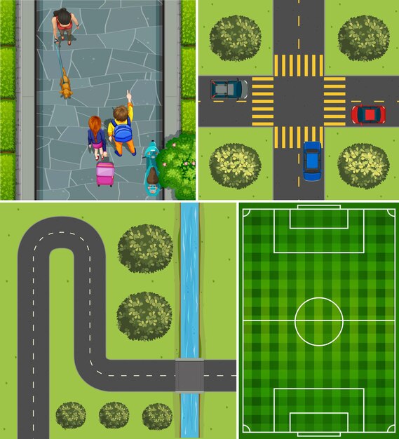 Set of aerial football court and road scene