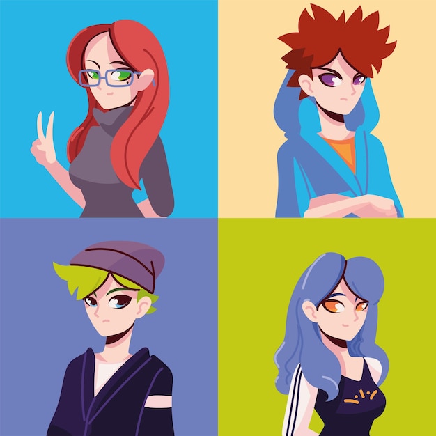 Free Vector set of anime characters male and female