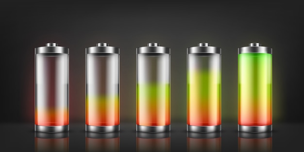 Free Vector set of battery charge indicators with low and high energy levels isolated on background.