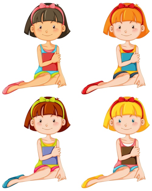 Free Vector set of beautiful girl cartoon character sitting and holding a bo