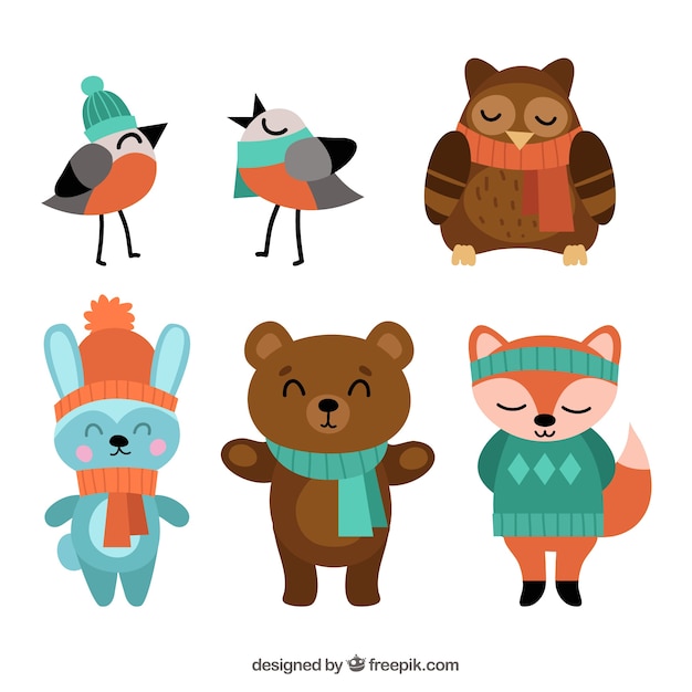 Free vector set of birds and nice forest animals wearing winter clothes