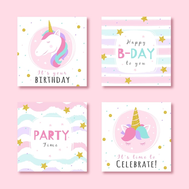 Free Vector set of birthday cards with glitter party elements