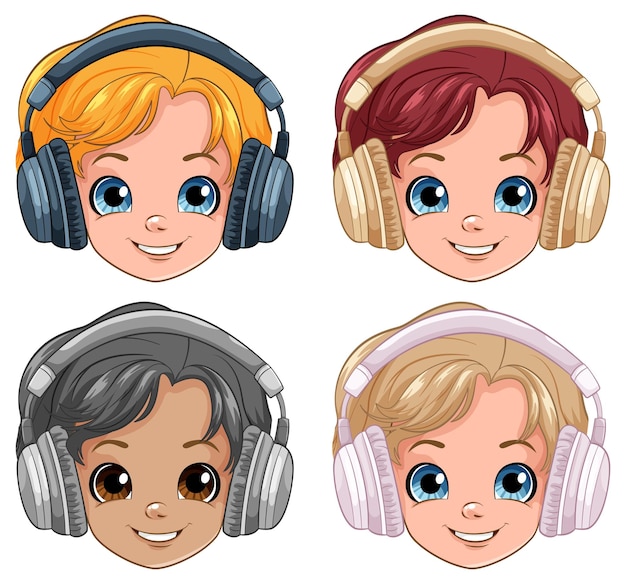 Free Vector set of boy wearing headset head smiling