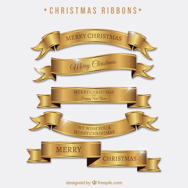 Free vector set of bright golden ribbons of merry christmas