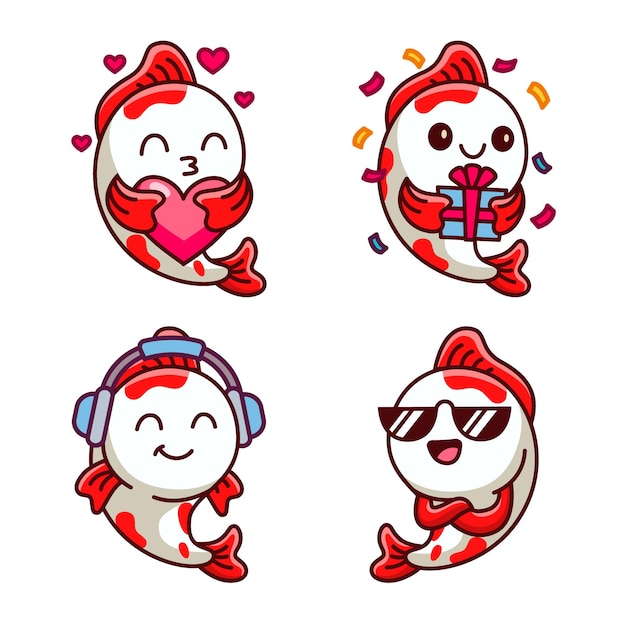 Free Vector set of carp fish listening to music on headphones wearing sunglasses holding heart and gift box