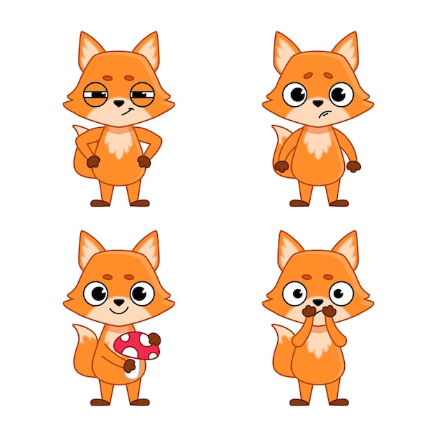 Free vector set of cartoon fox character being sad or upset, holding mushroom, receiving shocked news