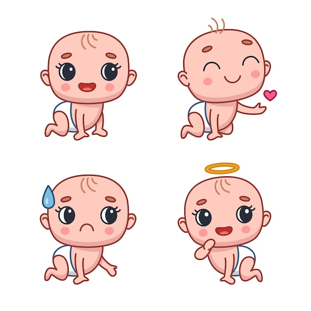 Free vector set of cartoon newborn baby character sitting with nimbus above head, smiling, sending love