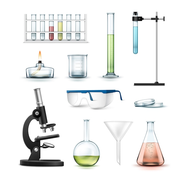 Free Vector set of chemical laboratory equipment test tubes, flasks, beaker, glasses, petri dish, alcohol burner, optical microscope and funnel