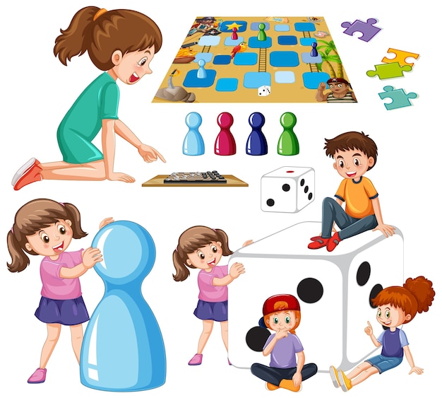 Free Vector set of children and board game