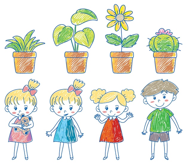 Free vector set of children and plant in pot scribble style