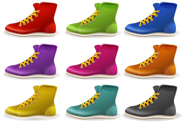 Set of colored boots and shows isolated 