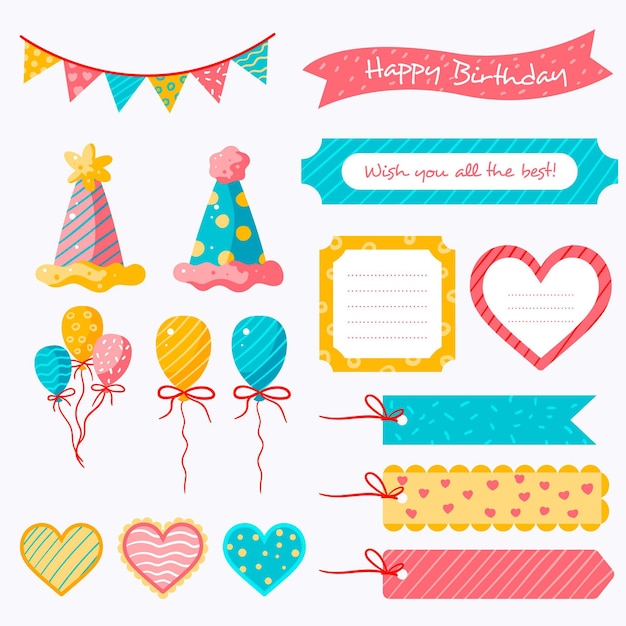 Free Vector set of colorful birthday scrapbook