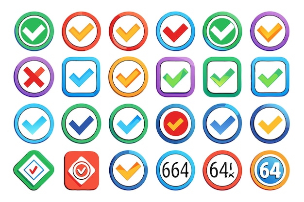 Set of colorful check mark icons in different shapes and styles