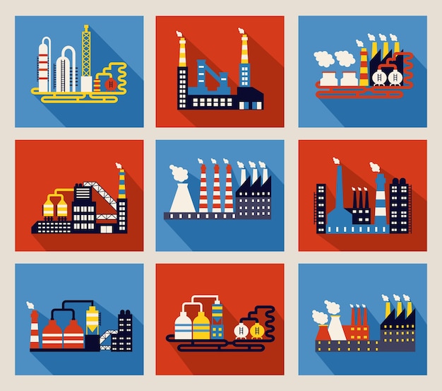 Free Vector set of colourful vector industrial factory buildings and refineries