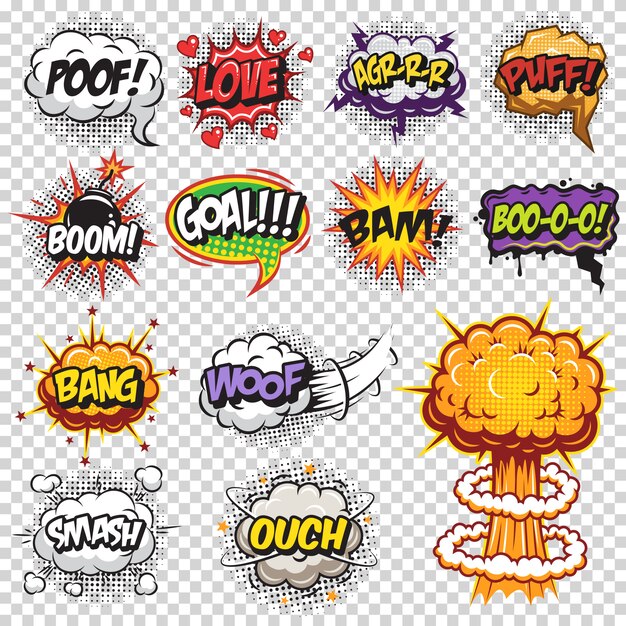 Set of comics speech and explosion bubbles. Colored with text on transparent background.