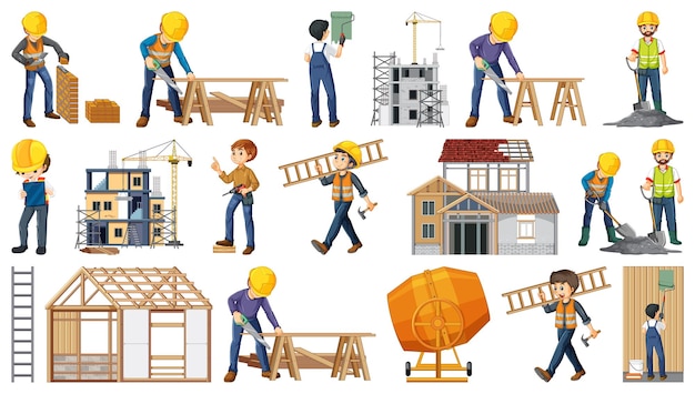 Free vector set of construction site objects and workers