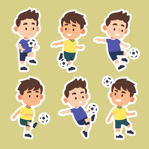 Free Vector set of cute boy playing ball in different action cartoon vector