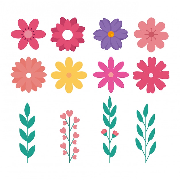 Free Vector set of cute flowers with branches and leafs naturals