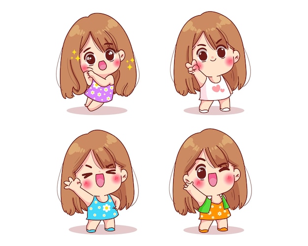 Free vector set of cute girl poses and facial expressions cartoon illustration