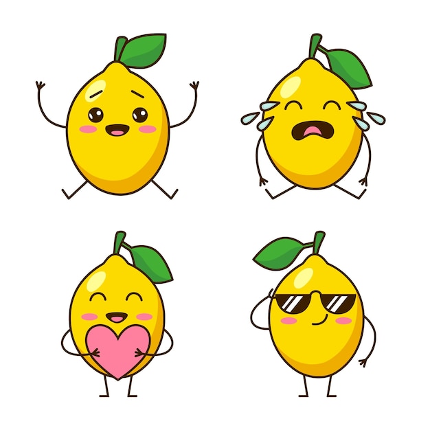 Free Vector set of cute handdrawn lemons smiling crying holding heart wearing sunglasses