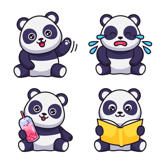 Free Vector set of cute handdrawn pandas waving crying holding cocktail reading book