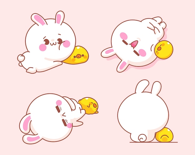 Free vector set of cute rabbit with duck  cartoon illustration