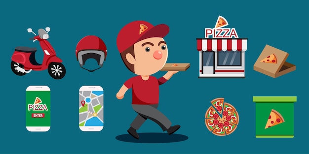 Free Vector set of delivery with pizza or fastfood in cartoon style for graphic designer vector illustration