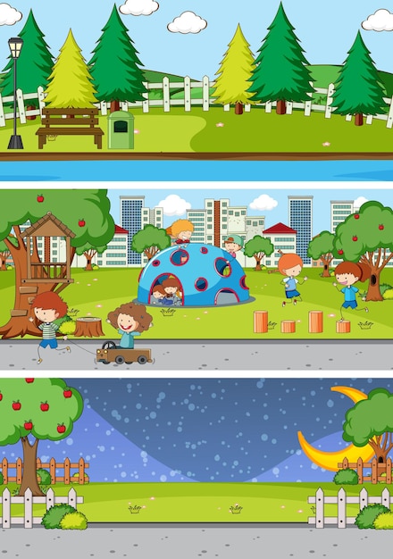 Free vector set of different horizon scenes background with doodle kids cartoon character