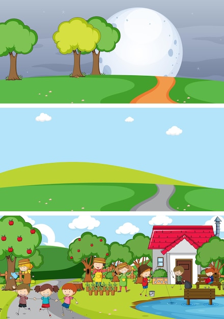 Free Vector set of different horizon scenes background with doodle kids cartoon character