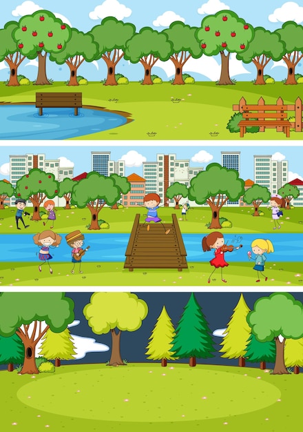 Free vector set of different horizon scenes with doodle kids cartoon character