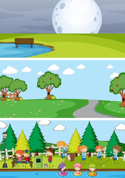 Free vector set of different horizon scenes with doodle kids cartoon character