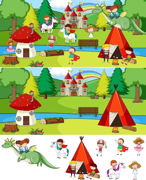 Set of different horizontal scenes with doodle kids cartoon character