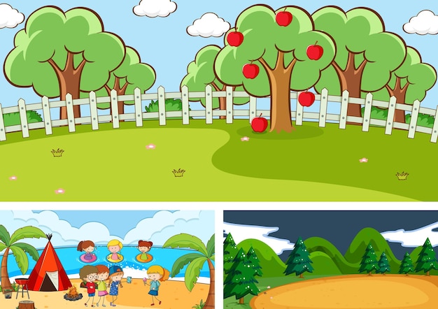 Free vector set of different horizontal scenes with doodle kids cartoon character