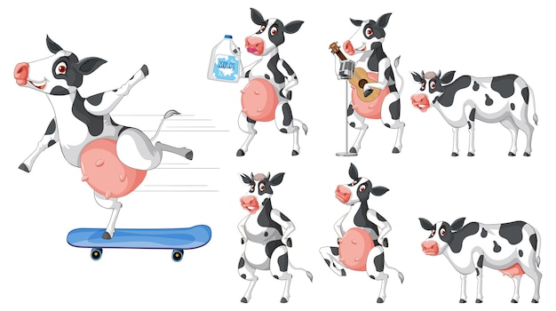 Free vector set of different milk cows in cartoon style