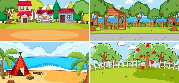 Set of different nature scenes cartoon style