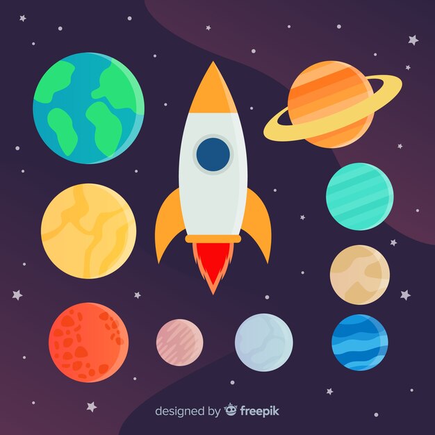 Set of different planets and rocket stickers 