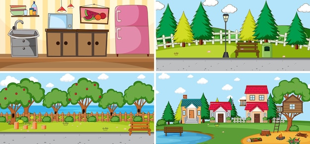 Free Vector set of different scenes in cartoon style