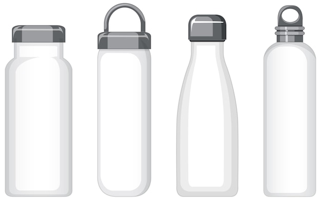 Set of different white metal water bottles isolated