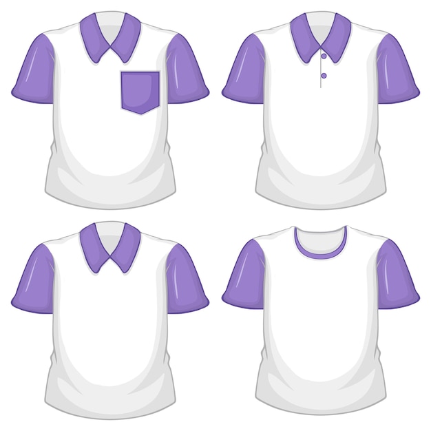 Free Vector set of different white shirt with purple short sleeves isolated