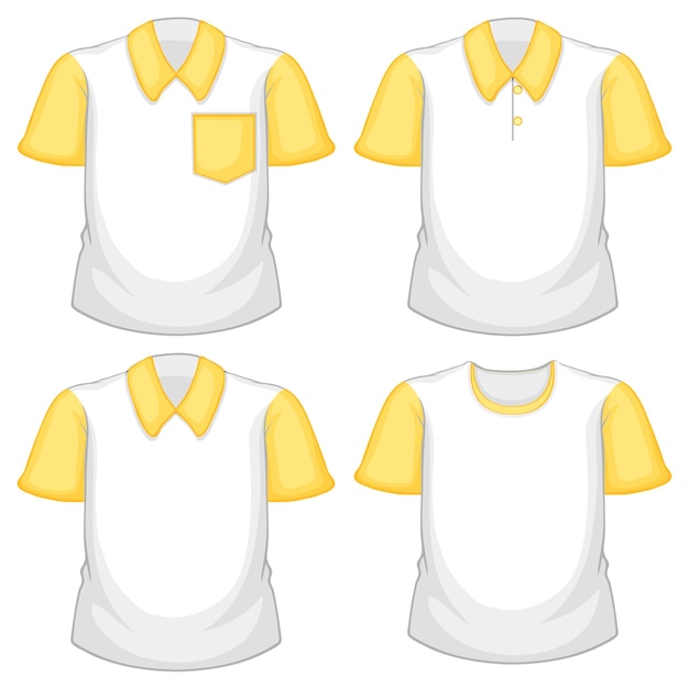 Free Vector set of different white shirt with yellow short sleeves isolated on white