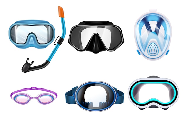Free vector set of diving snorkelling masks in different colours isolated on white background realistic vector illustration