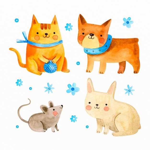 Set of drawn cute pets