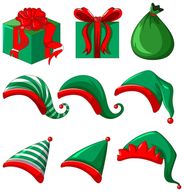 Free vector set of elf hats and gift boxes