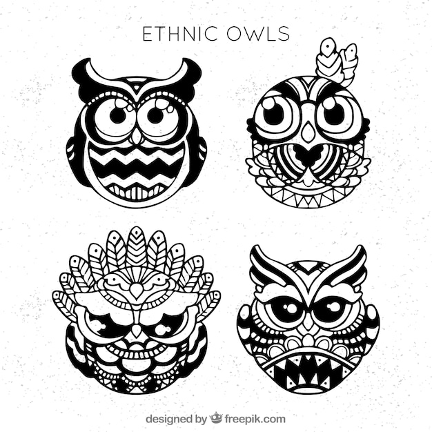 Free Vector set of ethnic hand drawn owls