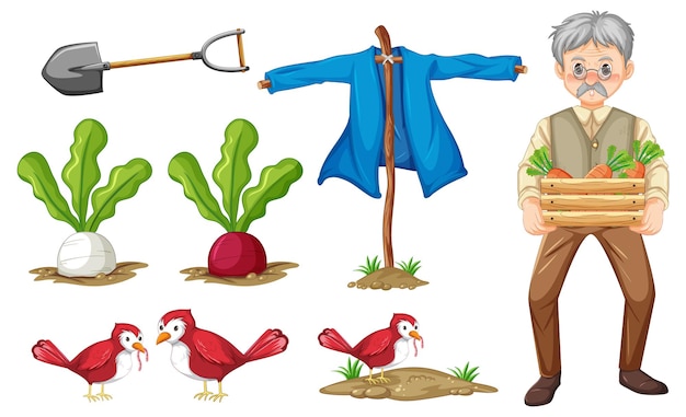 Set of farm objects and farmer cartoon character